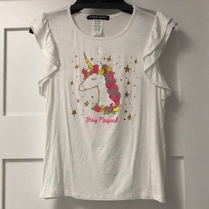 🆕Girls very soft & stretchy glitter Unicorn ivory top! Double ruffle sleeves! L